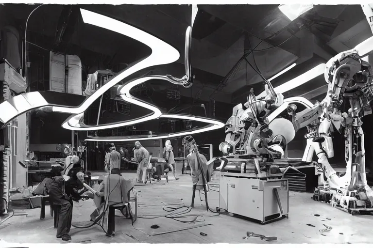 Image similar to a futuristic film studio with robot technicians preparing a scene with frightened human beings by Stanley kubrick, sci-fi, color vibe, reimagined by industrial light and magic
