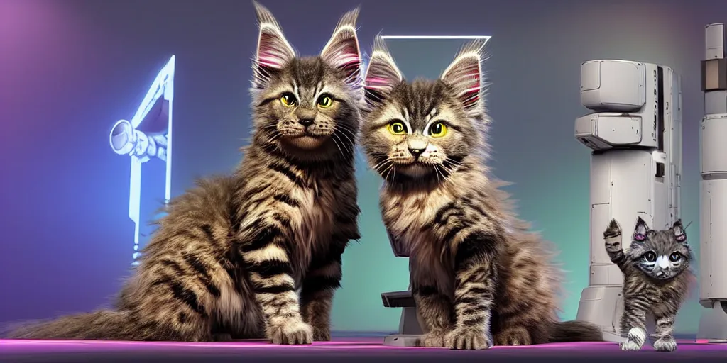 Image similar to a 3 d rendered movie still a cute robot in the shape of an adorable cyberpunk robot as a maine coon kitten. in the background is a cyberpunk cat tree with rgb ambient dramatic lighting. digital art. science fiction blockbuster movie from the future, imax 7 0 mm. style of mandalorian ( american space western television series )