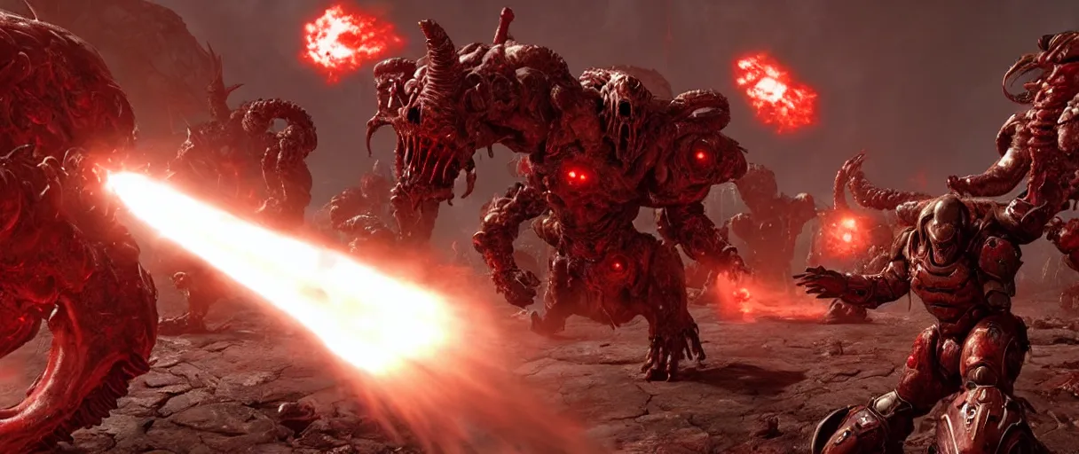 Prompt: doom slayer defeating hordes of demons and creatures on Urdak, wide shot, high detail, photorealistic, “doom eternal”, unreal engine