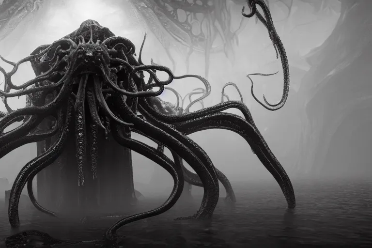 Image similar to ultra realist 3D render of the world of Lovecraft Elden Ring and Giger, gigantic oily tentacles and eyes, very intricate details, ultra dense fog, golden ratio, volumetric black and white lighting, reflections, refractions, symmetry accurate anatomy features, artstation, octane render