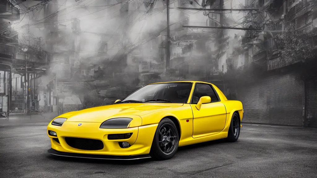 Image similar to a yellow mazda rx 7 with body kit, cinematic, nikon d 7 5 0, long exposure, white balance, 8 k, led, lumen global illumination, fog, ray tracing reflections, fxaa, rtx, post - production