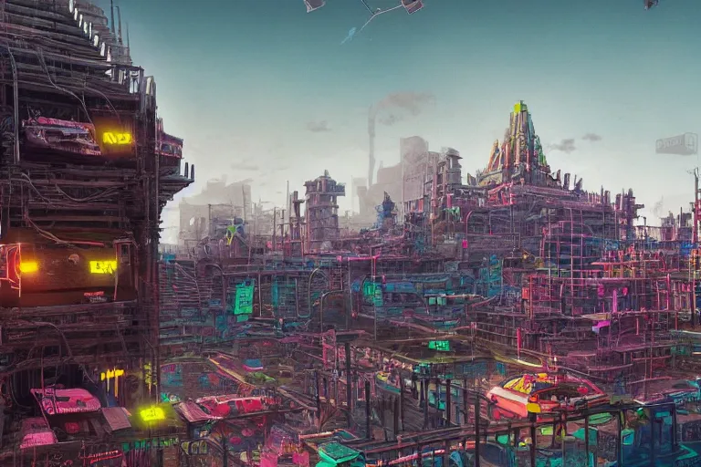 Image similar to hyperrealistic matte painting of aztec temples in a cyberpunk future environment with mechanical features and neon, graffiti, scaffolding, smog, destruction by filip hodas, beeple, 4 k, trending on cgsociety