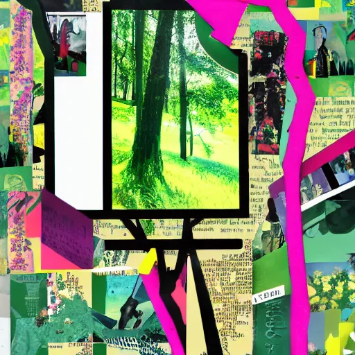 Prompt: a beautiful aesthetic!!! pop art collage! rolling arcadia forest landscape, made in a magazine clipping collage style, cutout, clippings of a fashion magazine, made by a depressed art student