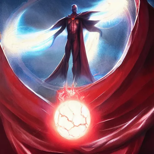 Prompt: skinnyfat physique wrathful Dr. Manhattan warlock mage of the northern winds wearing a red leather cape brandishing a glowing red orb whilst standing on a cliff christopher shy leonardo da vinci Jean Sebastien Rossbach jana schirmer jeff simpson greg staples