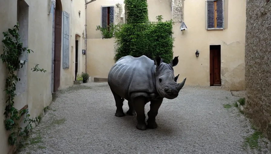 Image similar to a rhinoceros in a southern france townhouse, by mini dv camera, very low quality, heavy grain, blurry, caught on trail cam