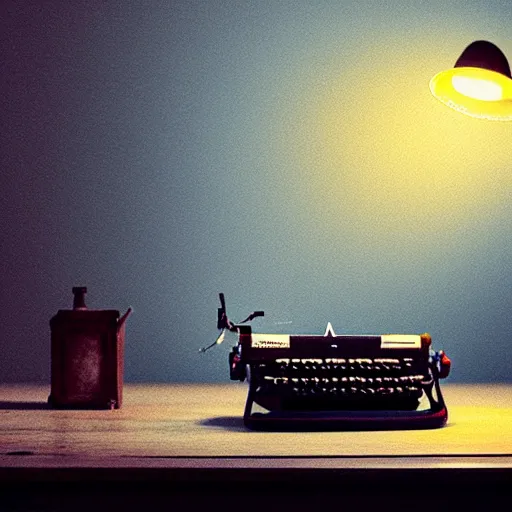 Image similar to painting of a typewriter on a desk in a dimly lit room, volumetric lighting, style of greg rutkowski