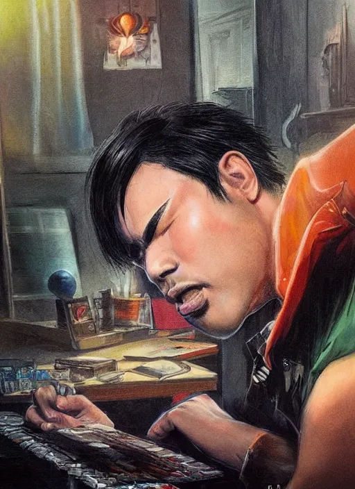 Image similar to asian with medium black hair man sitting at his desk looking down at belly, low angle, camera low, dndbeyond, bright, colourful, realistic, dnd character portrait, full body, pathfinder, pinterest, art by ralph horsley, dnd, rpg, lotr game design fanart by concept art, behance hd, artstation, deviantart, hdr render in unreal engine 5