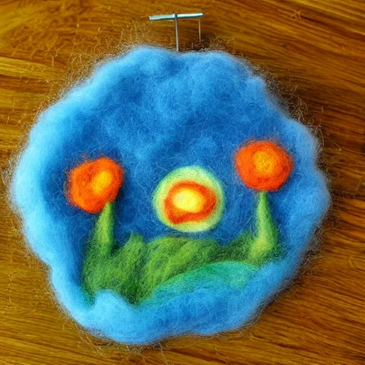 Image similar to a needle felted fire flower power up, needle felting art.