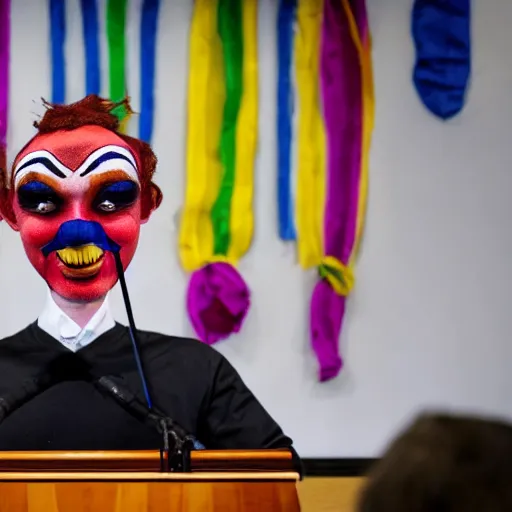 Image similar to string puppet of a president with clown makeup in a podium and a human shadow behind