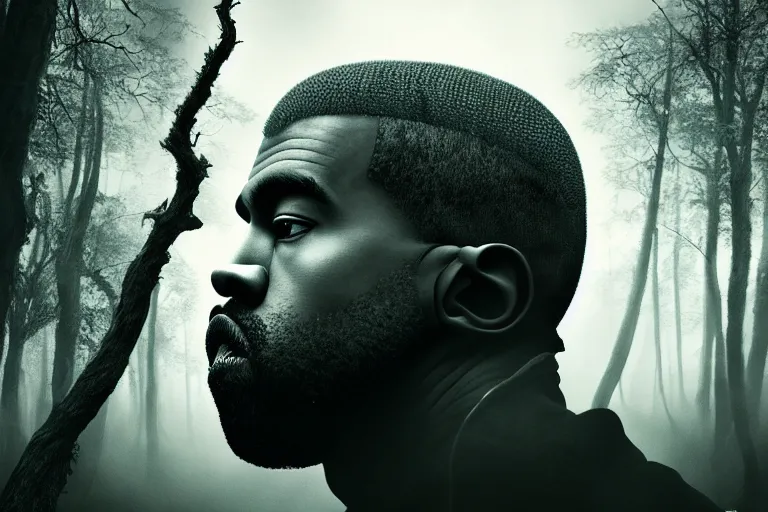 Prompt: an ultra realistic, cinematic, headshot portrait, of an evil tree wizard, kanye west, branches, facial features, background of a vast serene landscape, with trees and rivers, detailed, deep focus, movie still, dramatic lighting, ray tracing, by michal karcz and yoshitaka amano