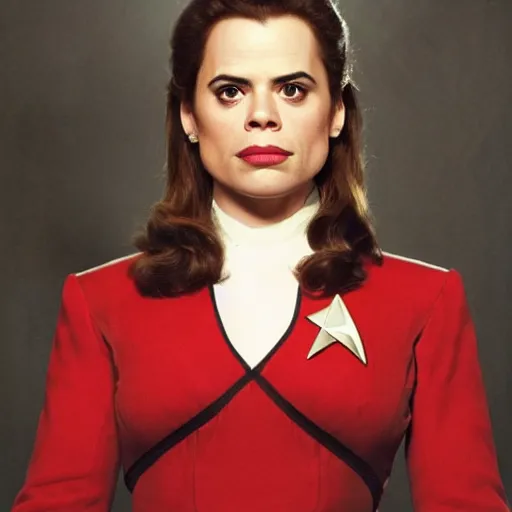 Image similar to a beautiful full body photograph of younger hayley atwell as a star fleet officer from star trek next generation, full dress uniform, smaller lips, symmetrical face, extreme realism and detail, 8 k, completely framed, direct lighting, 3 5 mm photo, photorealistic, sharp focus