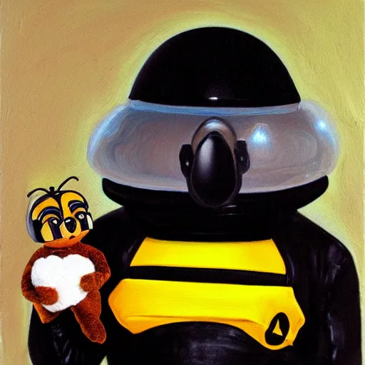 Prompt: Dark Helmet from Spaceballs holding a bee plushie. Full body, oil on canvas