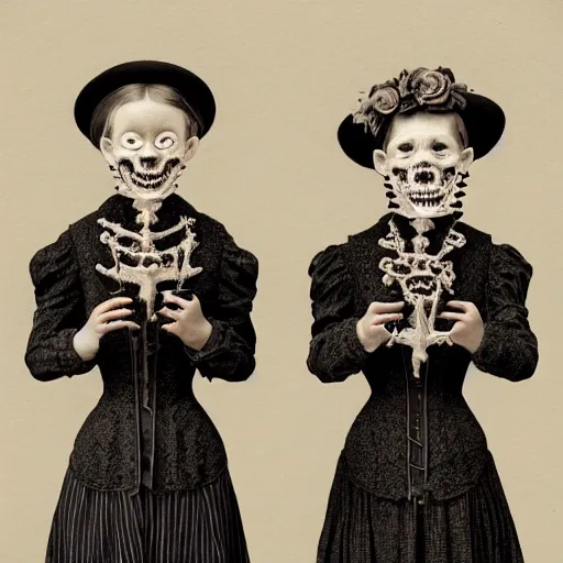 Image similar to creepy smiling twins in victorian clothes, black background, backlit:: by Martine Johanna and Simon Stålenhag and Chie Yoshii and Casey Weldon and Guillermo del toro :: ornate, dynamic, particulate, intricate, elegant, highly detailed, centered, artstation, smooth, sharp focus, octane render, 3d