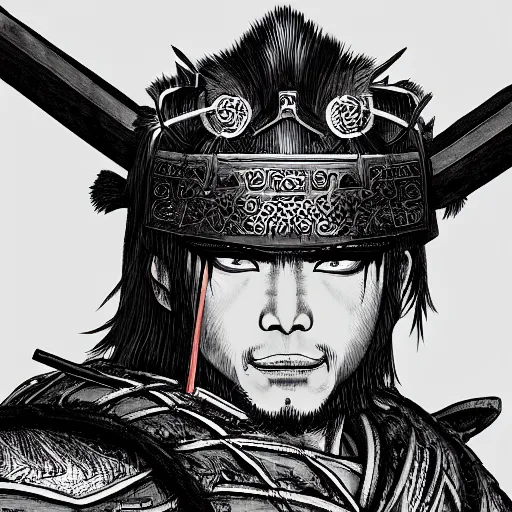 Image similar to a portrait of a samurai warrior, focused gaze, art station, highly detailed, concept art, sharp focus, illustration in pen and ink, 4 k, wide angle, by kentaro miura