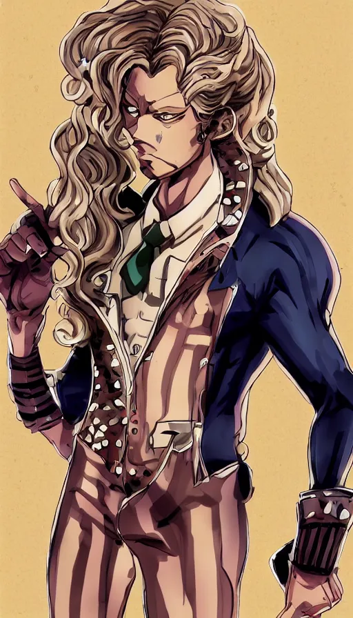 Prompt: funny valentine from jojo's bizarre adventure, official art, character concept, digital paintting, dynamic pose, concept art, very detailed, jojo's, high quality, 8 k