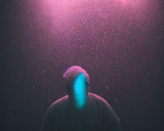 Prompt: man in air, cave with crystals, glitter, volumetric light, foggy, smokey, moody, kodak photography, cyan and pink light