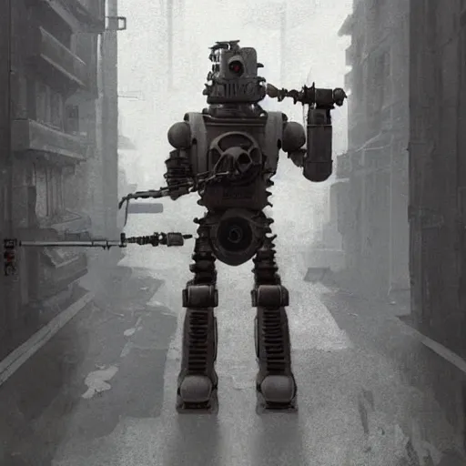 Image similar to a highly detailed epic cinematic concept art CG render digital painting artwork: dieselpunk Soviet smoking robot fused with a man. By Greg Rutkowski, Ilya Kuvshinov, WLOP, Stanley Artgerm Lau, Ruan Jia and Fenghua Zhong, trending on ArtStation, subtle muted cinematic colors, made in Maya, Blender and Photoshop, octane render, excellent composition, cinematic atmosphere, dynamic dramatic cinematic lighting, precise correct anatomy, aesthetic, very inspirational, arthouse