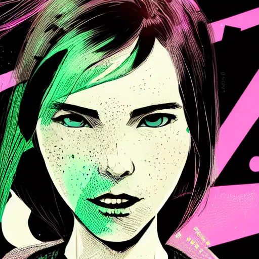 Prompt: Highly detailed portrait of a post-cyberpunk young lady with, freckles and cool hair, with robotic facial enhancements by Atey Ghailan, by Loish, by Bryan Lee O'Malley, by Cliff Chiang, inspired by image comics, inspired by graphic novel cover art, inspired by nier, inspired by scott pilgrim !! Gradient green, black and white color scheme ((grafitti tag brick wall background)), trending on artstation