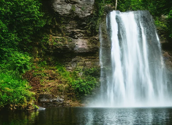 Prompt: waterfall falling into a lake, cliff, trees, photograph, landscape photography, sigma, 5 0 mm