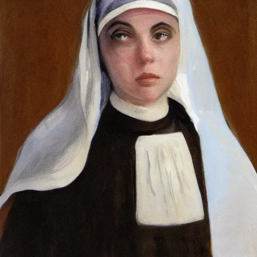 Prompt: Billie Eilish as a nun, painted by Robert Henri, detailed brushstrokes