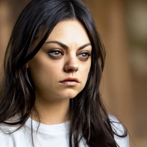 Image similar to Mila Kunis in an indie slasher movie, movie still, XF IQ4, f/1.4, ISO 200, 1/160s, 8K, RAW, unedited, symmetrical balance, in-frame, sharpened