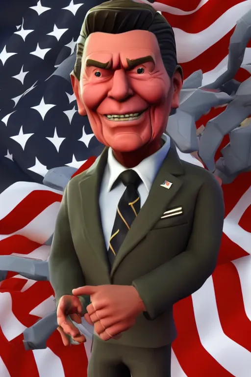 Image similar to ronald reagan, american super patriot, fortnite character, unreal engine. 4 k, highly detailed