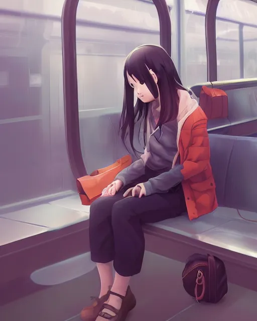 Image similar to a lonely girl riding the subway on her own, ambient lighting, full shot, detailed face, 3 d shading, by makoto shinkai, stanley artgerm lau, wlop, rossdraws