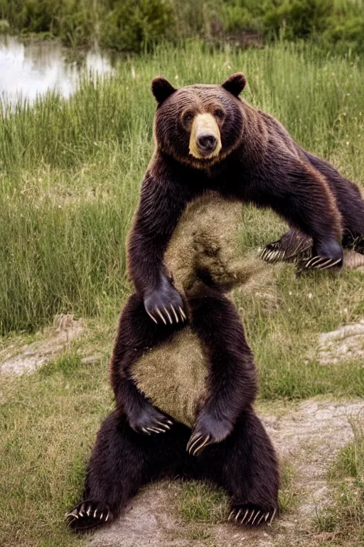 Prompt: a bear is wearing a suit in a professional photo