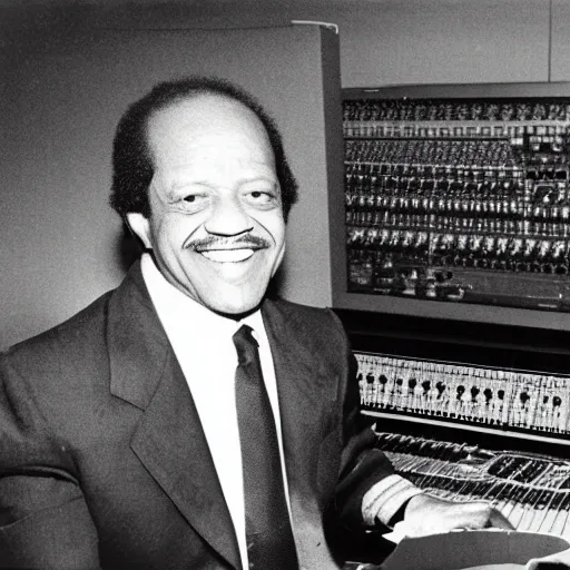 Image similar to sherman hemsley sitting at a recording console in a recording studio, faded photograph from 1 9 8 2