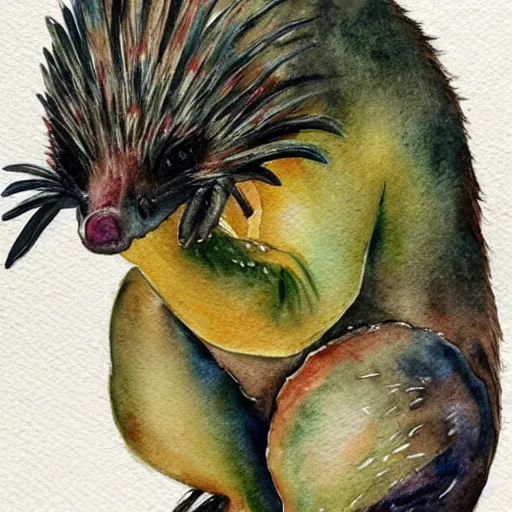 Prompt: beautiful professional watercolor painting of an echidna