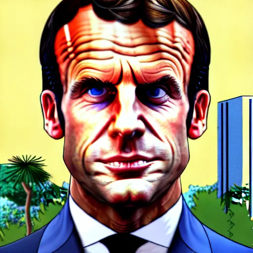 Image similar to emmanuel macron in a gta v cover art by stephen bliss