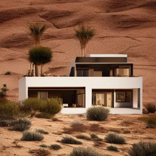 Image similar to A house designed by Frank Lloyd Wring in the middle of the desert, photographed by Fernando Guerra, realistic, 4k, detailed