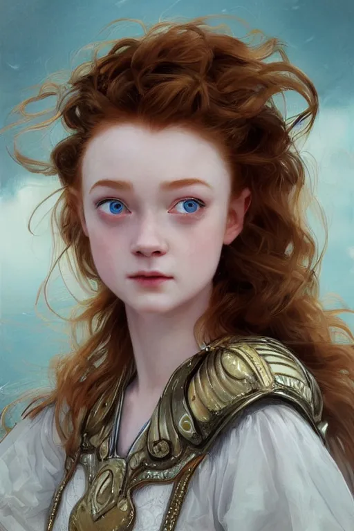 Prompt: Sadie Sink, sparkling eyes, stars in her eyes, shining eyes, grinning, elegant, enticing, sharp features, big flowing hair, traditional roman armor, highly detailed, digital painting, artstation, concept art, smooth, sharp focus, beautiful face, expressive eyes, illustration, art by Artgerm and greg rutkowski and alphonse mucha