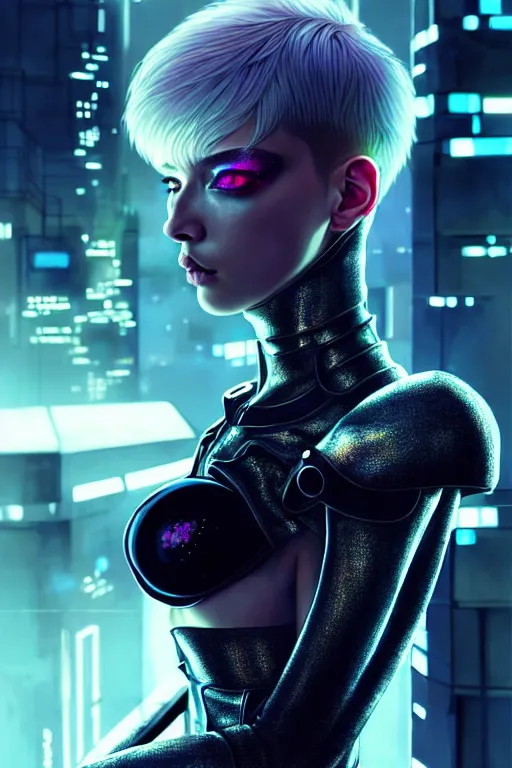 Image similar to hyperdetailed portrait of one stunningly beautiful caucasian cyberpunk girl with very short hair androgynous guard made of iridescent metals, in the cybercity inspired by ross tran and wlop and masamune shirow and kuvshinov, concept art, intricate, photorealistic, octane render, rtx, hdr, unreal engine, dnd digital art by artgerm