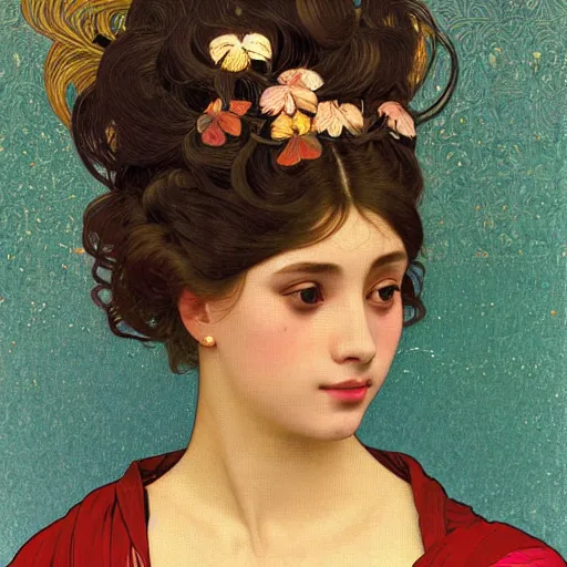 Image similar to vector illustration of a over tanned instagram influenza girl, siliconized, too much plastic surgery, doing a make up tutorial, artstation, smooth, sharp focus, art by gustav klimt - alphonse mucha - adolphe bouguereau