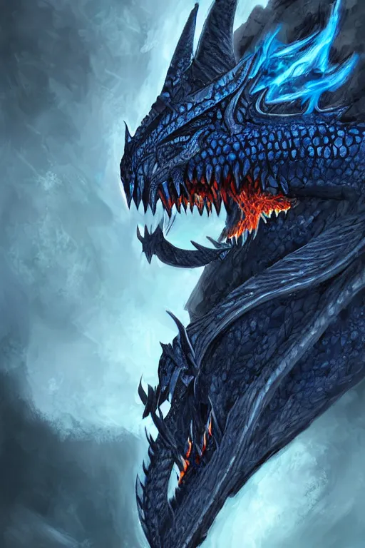 Image similar to a dark blue dragonborn with large tusks, half of his face flaming with blue flame, he wears a black dragon scales armor, digital art