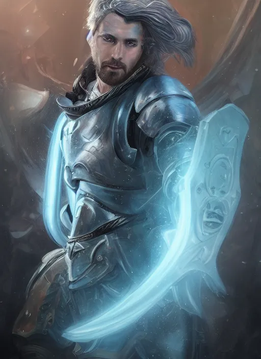 Image similar to an epic fantastic realism comic book style portrait painting of an aasimar paladin, male, shaggy silver hair, short brown beard, d & d concept art, unreal 5, daz, teal aesthetic, octane render, cosplay, rpg portrait, dynamic lighting