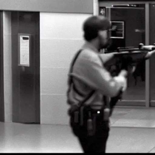 Image similar to A man walking into a bank with a Thompson machine gun. Security camera footage, grainy, black and white, 1980's.