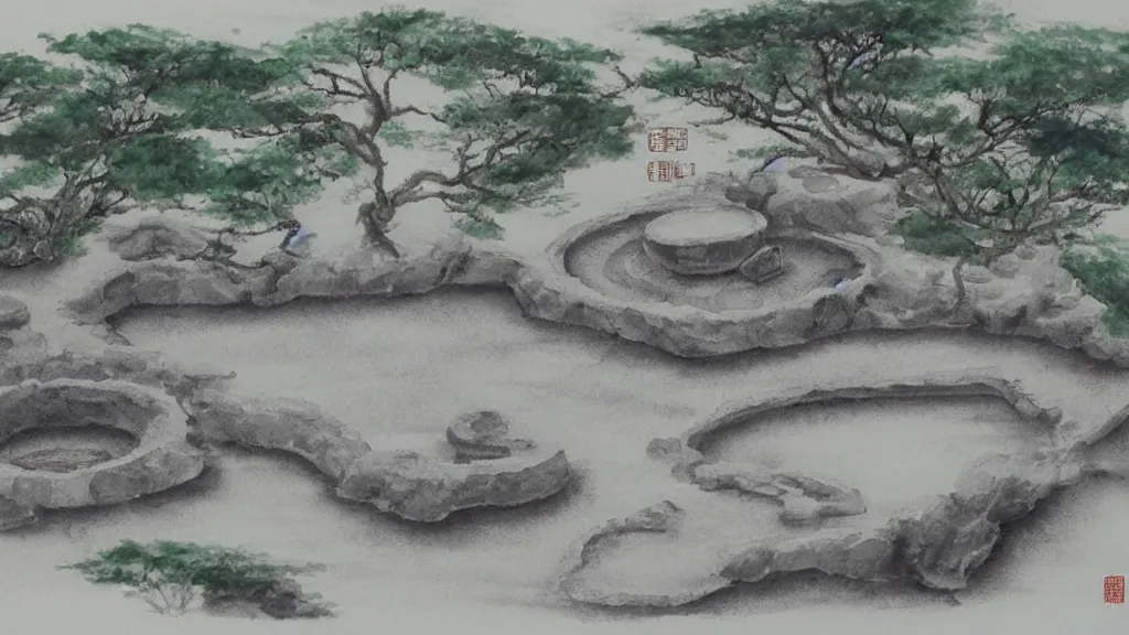 Prompt: chinese watercolor zen garden drawing