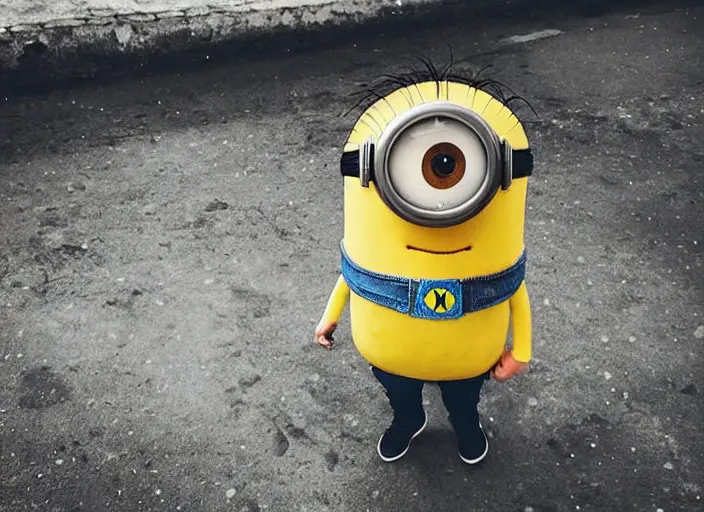 Image similar to professional fine detailed photo portrait of young minion from makhachkala, dagestan. kid minion in the postsoviet suburbia, iphone photo, instagram, color