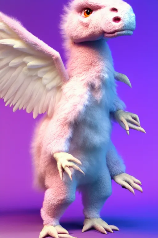 Image similar to high quality 3 d render hyperrealist very cute multipastel fluffy dinosaur with fluffy wings, vray, smooth in _ the background, artstation