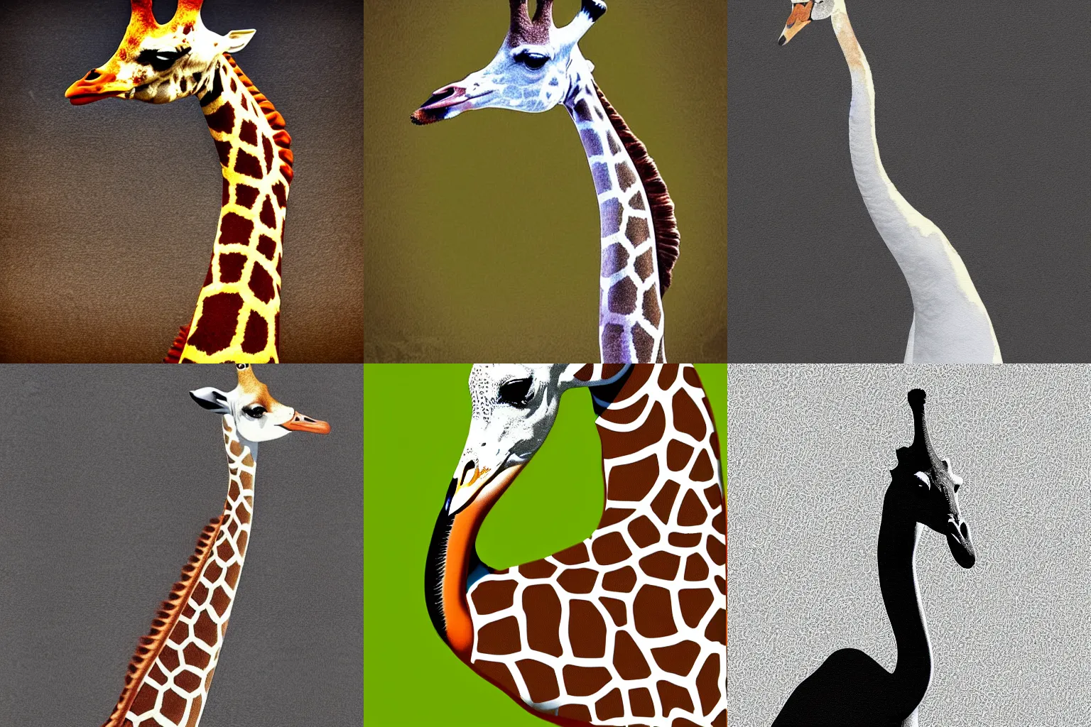 Prompt: swan with the neck and head of a giraffe, digital art,