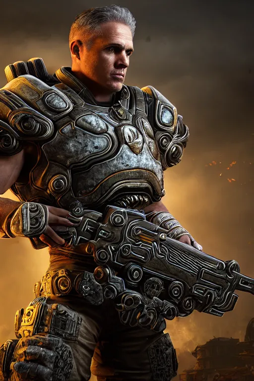 Image similar to Jordan B. Peterson as a muscular Gears of War character, photorealism, half body, HDR ambient background, unreal engine 5, hyperrealistic, highly detailed, XF IQ4, 150MP, 50mm, F1.4, ISO 200, 1/160s, cinematic lights, Adobe Lightroom, photolab, Affinity Photo, PhotoDirector 365, realistic