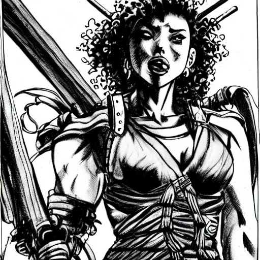 Image similar to scarlett johansson as a barbarian in afro samurai manga style, pencil and ink, walking the wastelands