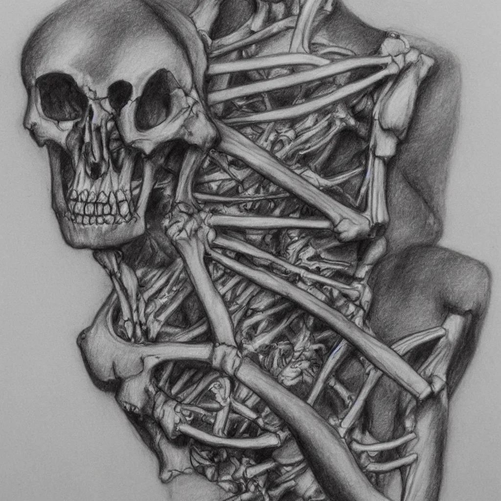 Prompt: Highly detailed charcoal sketch of a skeleton