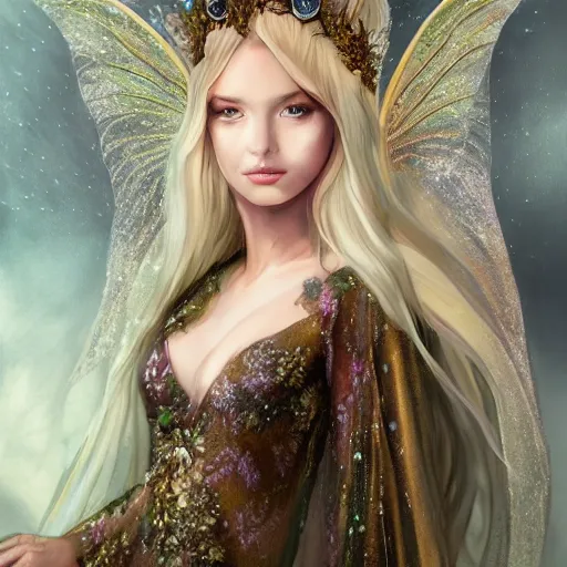 Image similar to detailed portrait of a fairy queen with wings wearing a magic silk and lace robe with a hood, crown, pixie, iris, realism, detailed eyes, emerald, galaxy, sapphire,blonde hair going down to the floor, moonlit, dark fantasy, dramatic lighting, cgsociety, artstation