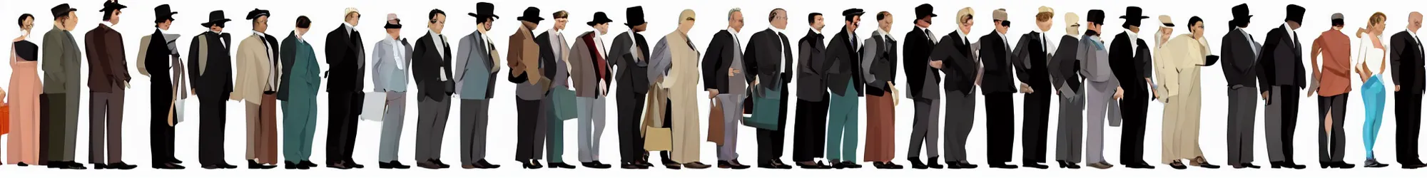 Image similar to long line-up of suspects, full body view, retrofuturistic victorian fashion, white background