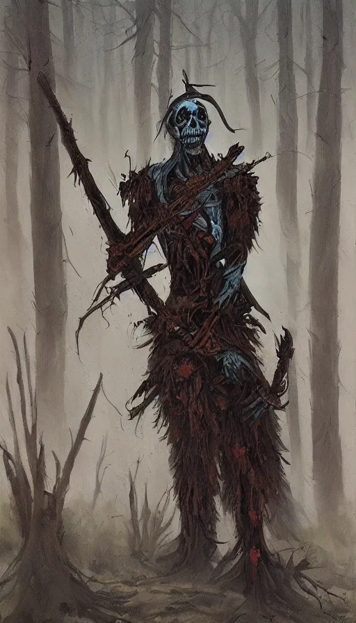 Image similar to painting of undead wight warrior, anatomically correct, forest and cabin, muted colors, night scene, by brom