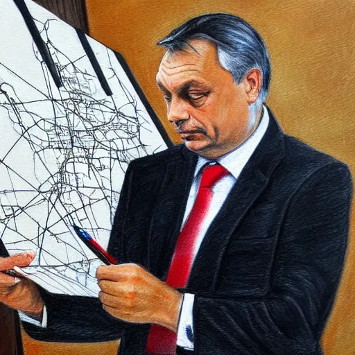 Image similar to viktor orban drawing a map, oil painting