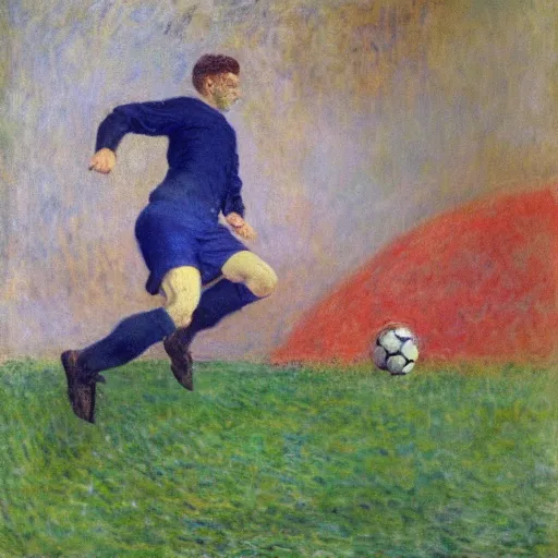 Image similar to monet painting of a skinny blonde man tripping over a soccer ball, highly detailed, realistic,